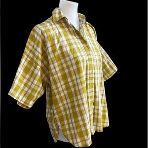 Norma Kamali Yellow Plaid Button-Down Shirt Casual Fall Classic Pumpkin Patch